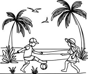 kids playing on the beach,line art