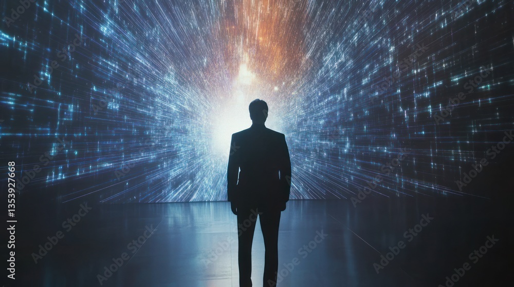 Poster silhouette standing before data stream visualizing technological future era
