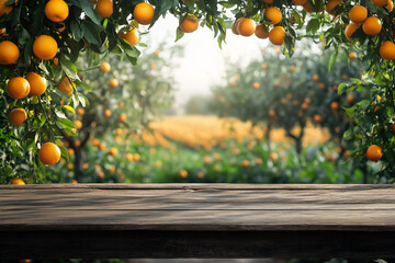 Citrus Orchard at Dawn with Fresh Oranges on Wooden Table