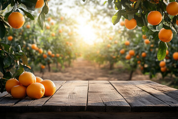 Citrus Orchard at Dawn with Fresh Oranges on Wooden Table