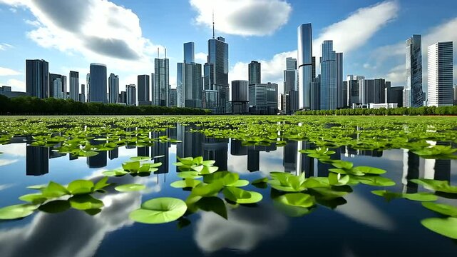 A serene landscape where dense, bright green algae float on water beneath a sprawling metropolis, visually bridging laboratory innovation with large-scale clean energy implementati
