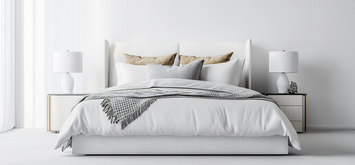 White bedroom, king bed, lamps, minimalist. Interior design