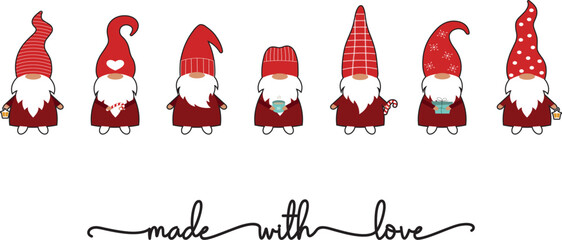 disegno per stampa su t shirt natalizia, gnomi con cappuccio, scritta made with love