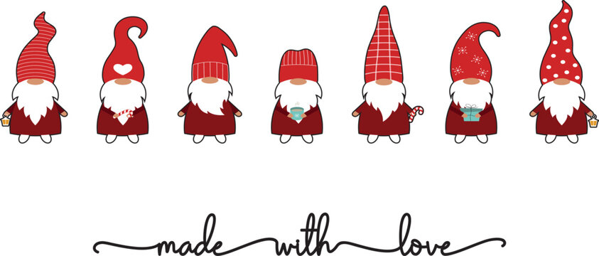 disegno per stampa su t shirt natalizia, gnomi con cappuccio, scritta made with love