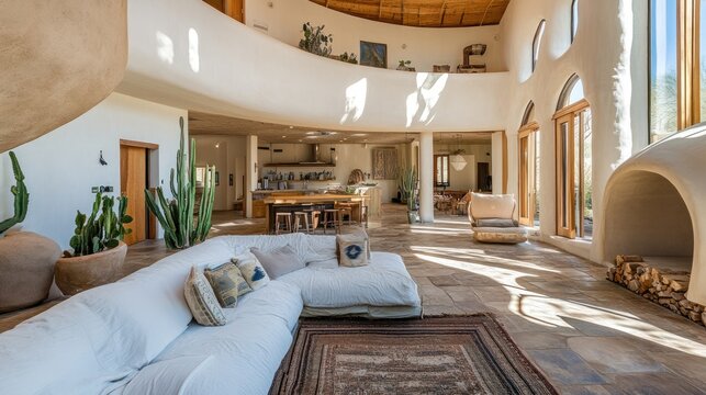 Exceptional adobe home interior boasts spacious design with desert plant life