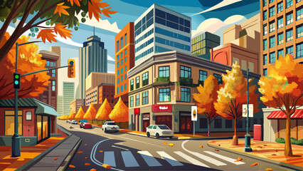 Naklejka premium Streets of Portland: the crossroads of Morrison and third in downtown Portland (Oregon) on a beautiful fall day.