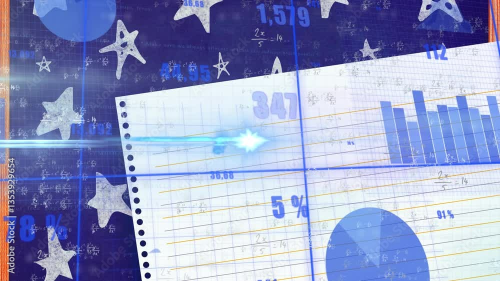 Poster animation of charts and graphs with numerical data over starry background