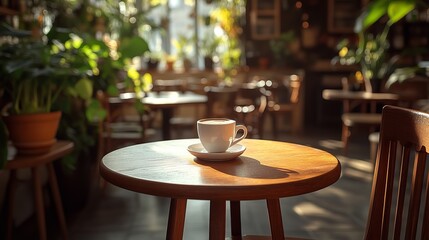 Warm Rustic Wooden Table Setting with a Simple Cup Evoking Cozy Inviting Atmosphere for Relaxation