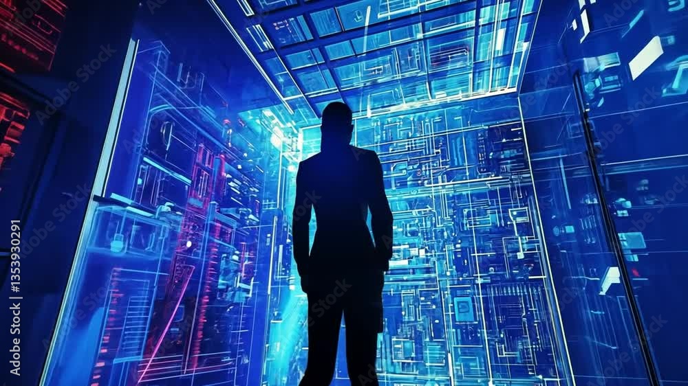 Poster montage of control room installation in high-tech factory setting generative ai