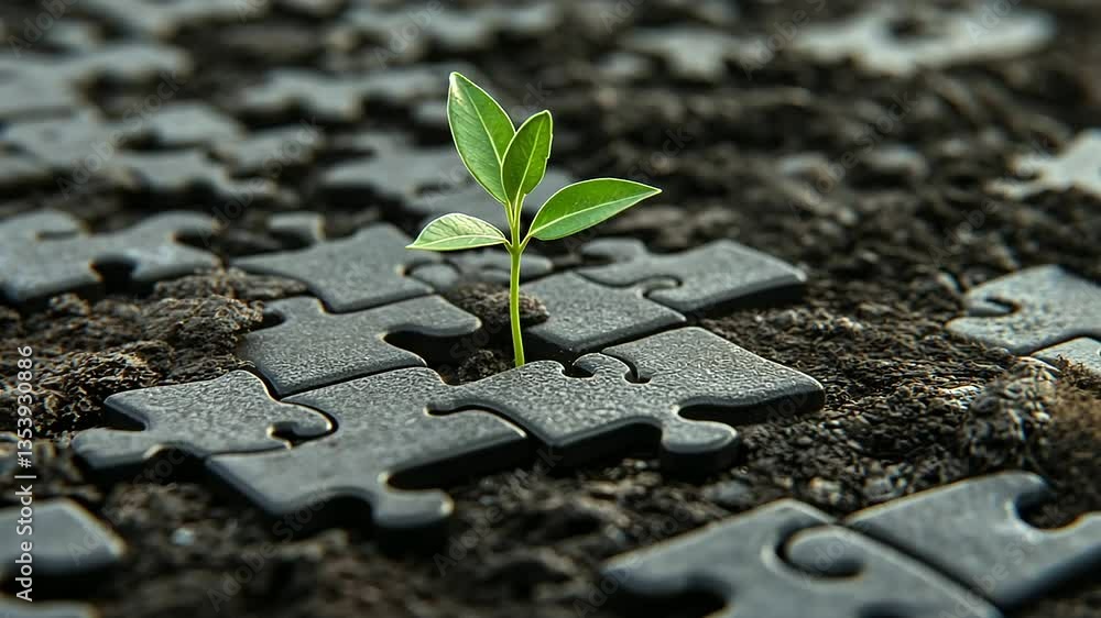 Poster an eco-themed puzzle where one missing piece is replaced by a sprouting plant, visually emphasizing 