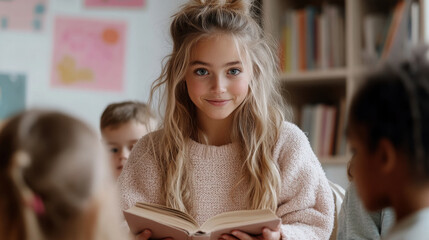 Slavic teacher engaging students in classroom reading activity for language learning