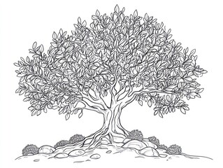 Fototapeta premium Detailed line drawing of a large, leafy tree with exposed roots nestled amongst rocks