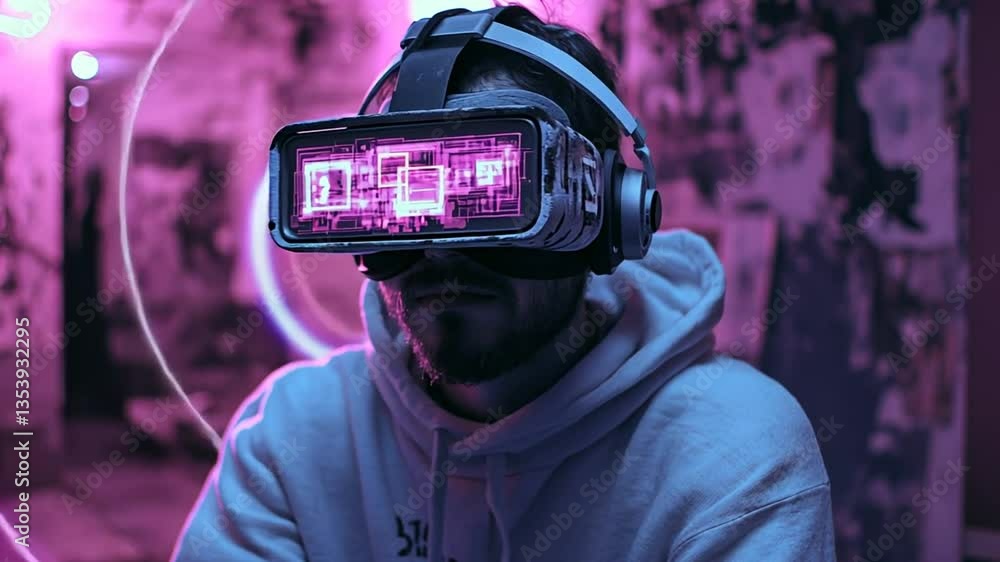 Aufkleber engaging with virtual reality in a neon-lit environment generative ai