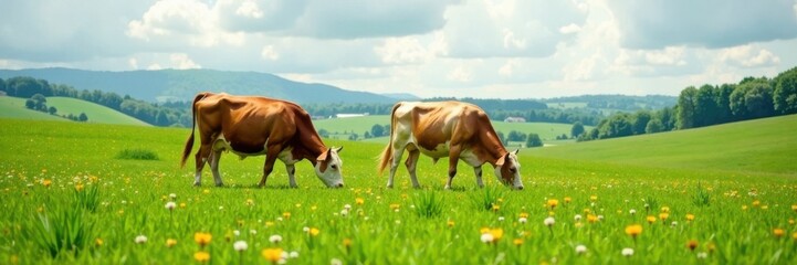 Obraz premium Cows grazing in a green meadow, countryside, rural landscape
