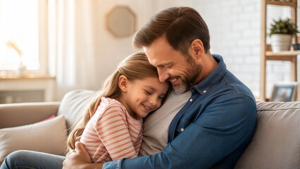 Fototapeta premium Father Hugging Daughter, Loving Family Bonding Moment at Home 