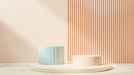 Two cylindrical plinths pastel pink and blue light color for products on light peach and beige background with vertical planks. Sunlight, tender shadows. Copy space.
