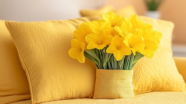 A beautiful bunch of yellow flowers displayed on a pillow - Powered by Adobe