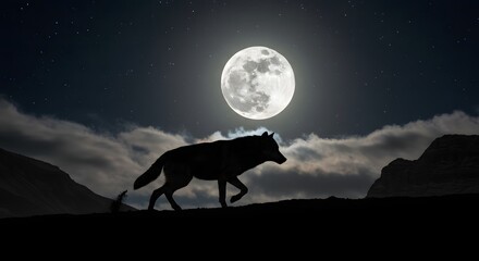 Wolf Silhouette Walking on Hill Under Full Moon with Starry Sky