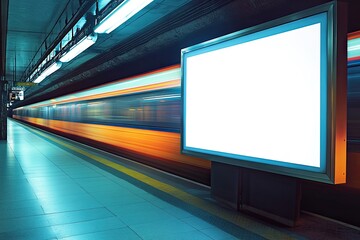 A train travels past a blank billboard in a station