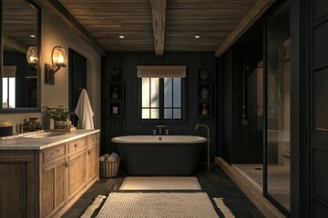 A rustic luxury farmhouse- bathroom, with deep black accents that contrast beautifully with warm, natural wood elements, creating a cozy yet elegant retreat.