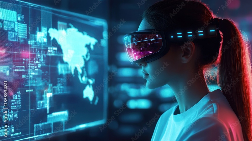 Poster female cybersecurity analyst using ar glasses to visualize complex global data