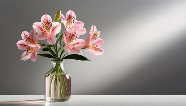 pink alstroemerieae alstroemeria lily flower in bottle vase with mild shadow on grey impartial background