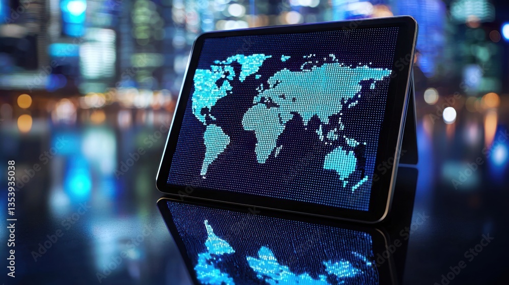 Poster tablet displaying a world map for personalized stock wealth advisory services in a dynamic financial