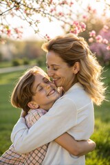 Fototapeta premium Mother and child hugging outdoors, sharing love and warmth in the sunshine. (Family)