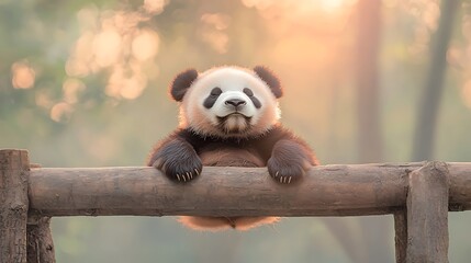 Obraz premium Happy Panda Cub with Bamboo Fence, and Sunrise.