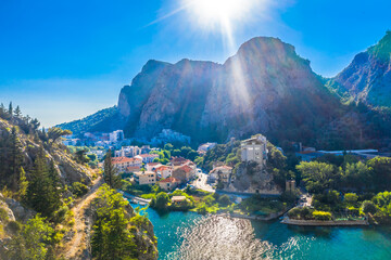 Aerial view of the Cetina River flowing into the Adriatic Sea in Omis, Croatia, showcasing the...