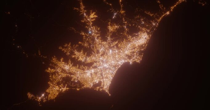 Lima (Peru) aerial view at night. Top view on modern city with street lights. Camera is zooming out, rotating counterclockwise. Vertical video. The north is on the left side