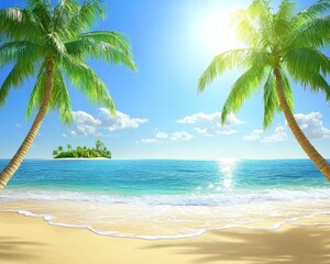 Tropical Paradise Palm Trees, Golden Sand, and Sparkling Turquoise Waters on A sunny Day