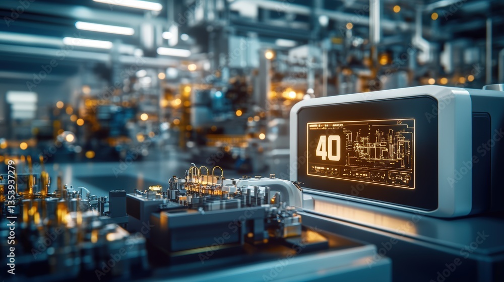 Poster close-up of a futuristic industrial control panel displaying the number 40 in a busy high-tech facto