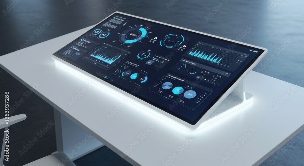 Poster futuristic interactive dashboard displaying business analytics data on a sleek modern tabletop