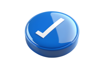 Blue button with white check 3d render icon Isolated on White and Transparent Background PNG Image.