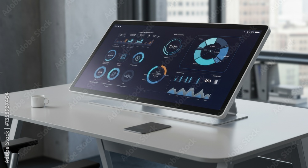 Poster innovative workspace featuring a sleek touchscreen monitor displaying infographics and data analysis