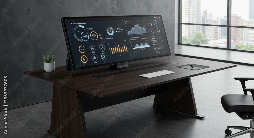 Poster modern workspace featuring high-tech monitor with data analytics and stylish office design