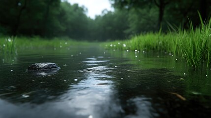 Naklejka premium Tranquil forest stream, low angle view. Lush greenery, calm water