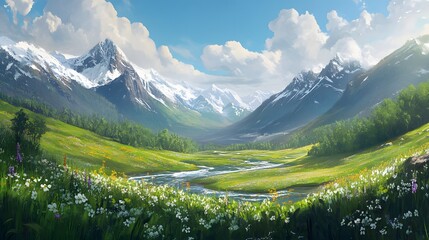 Mountain Valley Paradise: A breathtaking view unfolds, with majestic snow-capped mountains soaring in the distance, overlooking a lush valley carpeted in verdant greenery and wildflowers.