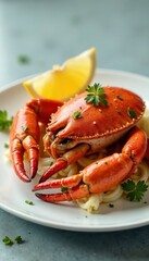 Crab leg on a plate with lemon, seafood, crab