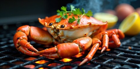 Crab leg cooking on grill, restaurant, cooking