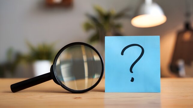 A magnifying glass rests on a desk next to a blue sticky note with a black question mark on it. 