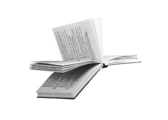Open book, pages flipping at an angle, on white background. Modern hardcover with yellowed paper,...