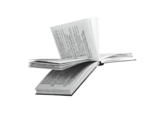 Open book, pages flipping at an angle, on white background. Modern hardcover with yellowed paper, symbolizing education, knowledge, and wisdom. Concept of study, university, and history. Isolated,.