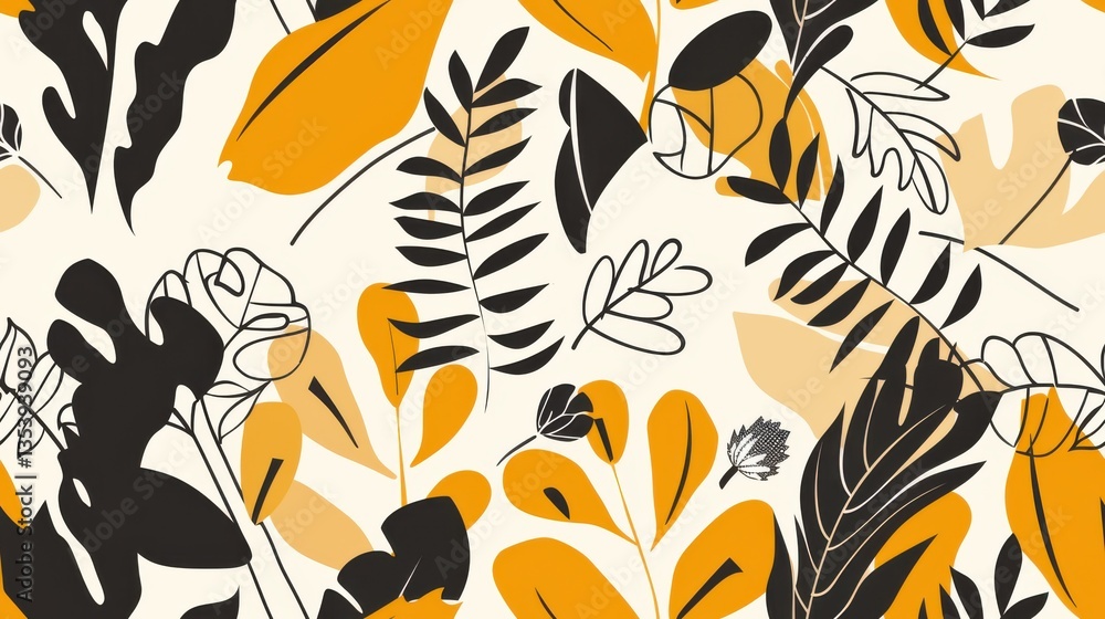 Aufkleber a seamless botanical pattern with hand-drawn leaves and abstract rounded shapes in a modern flat sty