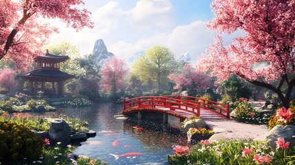 Blossom Paradise: A serene scene unfolds in a traditional Japanese garden, a vibrant red bridge arches over a pond teeming with koi, all framed by delicate cherry blossoms.