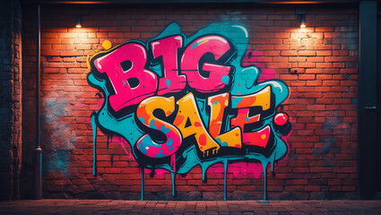 Graffiti-style big sale text painted on a brick wall, vibrant street art concept for urban marketing, discounts, and promotion campaigns