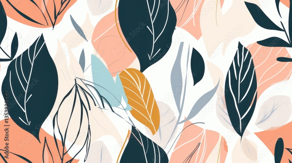 Poster a seamless botanical pattern with hand-drawn leaves and abstract rounded shapes in a modern flat sty
