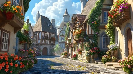 Charming Village Street: Capturing the peaceful allure of a picturesque European village, an empty street guides the eyes towards houses with vibrant flowers overflowing from window boxes.