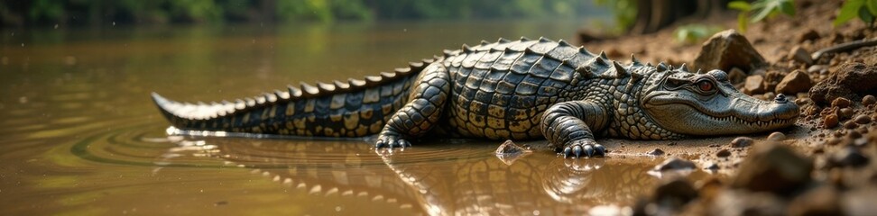 Fototapeta premium Crocodile foot print on muddy riverbank, crocodile, swamp